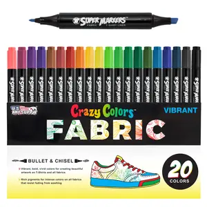 U.S. Art Supply Super Markers 20 Vibrant Dual Tip Fabric Markers - Fine & Chisel Point Pens Fabric Marker Permanent for Clothes, T-Shirts - Permanent Ink Eye-Catching Vibrant & Bold Colors