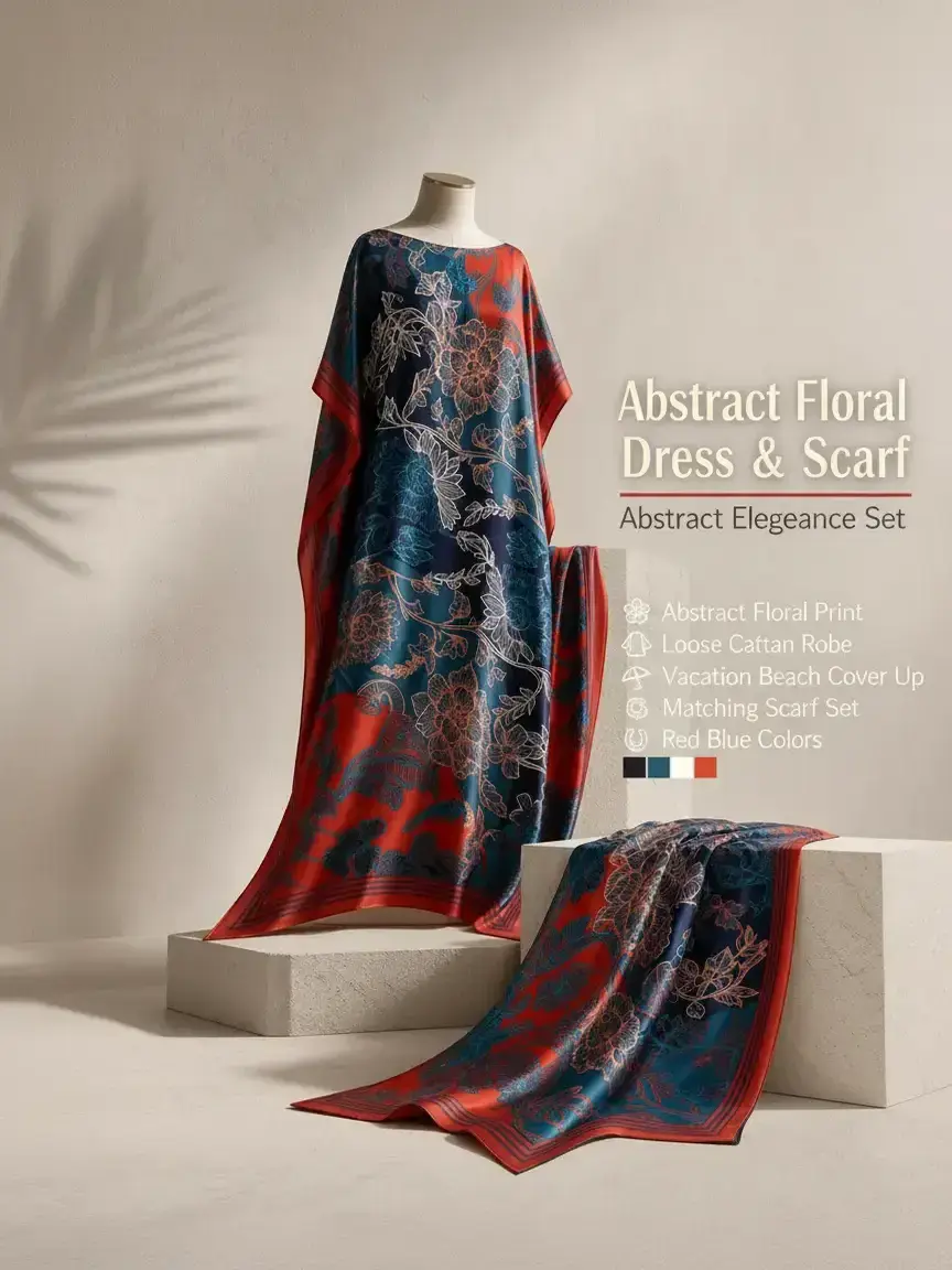 MuuMuu Muse Women's 2-Piece Red Blue Abstract Flower Print Dress & Matching Scarf Set - Fit, Drape, Comfortable Casual Loose Caftan Robe, Vacation Beach Cover Up