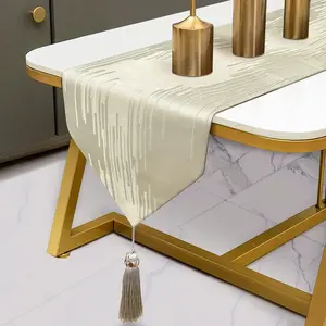 Beige Table Runner 98 Inches Long Abstract Lines Geometric Table Runners with Ring Stylish Tassels for Living Room Bedroom Holidays Events Dinner Dresser Art Decor