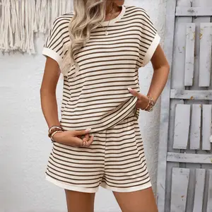 Women's Striped 2 Piece Set Summer Knit Loungewear Outfit Short Sleeve Batwing Tee & Shorts Matching Set Casual Round Neck Streetwear Homewear Soft Comfy Vacation Beach Outfit
