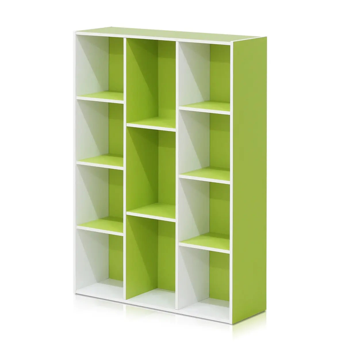 212 MAIN 11107WH-GR Particle Board 11-Cube Reversible Open Shelf Bookcase - Cube Shape, Simple Design, White & Green, Reversible Shelves