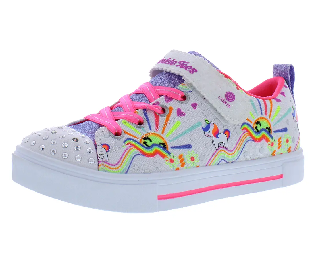 Skechers Girls' Light-Up Round Toe Casual Trainers - Unicorn Print, Lace-Up, Sparkle Accents, Graphic Design, Multicolor, Safe Material, All Seasons, Flat Heel (1 cm or less), Anti-Skid, 1 Pair Glitter Kid's Sneakers