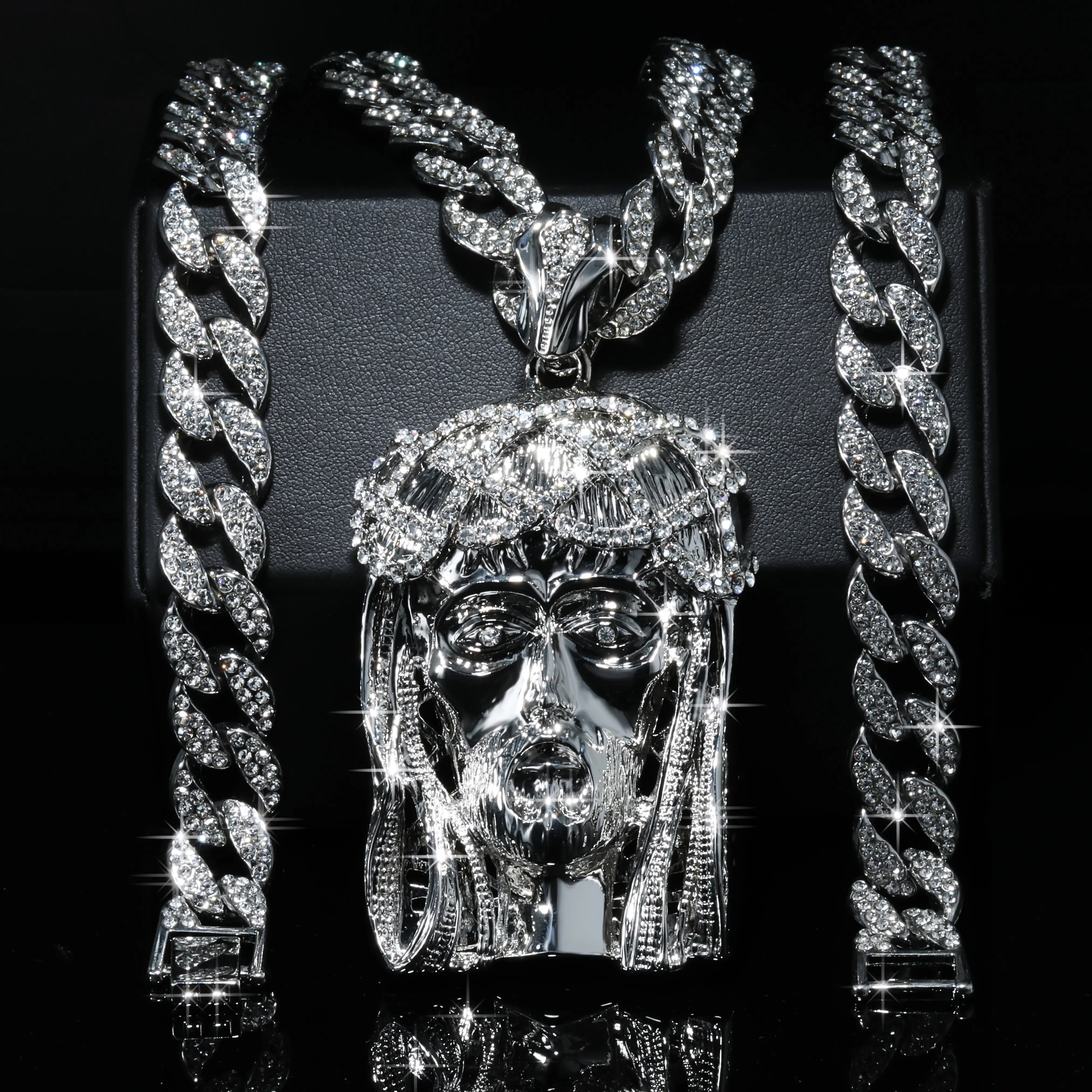 BLINGKINGSTAR 925 Silver-Plated Hip Hop Men's Religious Jewelry 2-pcs Set, Iced Out Jesus Head, Large Hollow Crowned Jesus Piece Pendant, CZ Diamond Hair & 10mm Miami Cuban Link Chain Necklace, 20" 24" & 30"In Birthday Gift for Men, Party Accessory