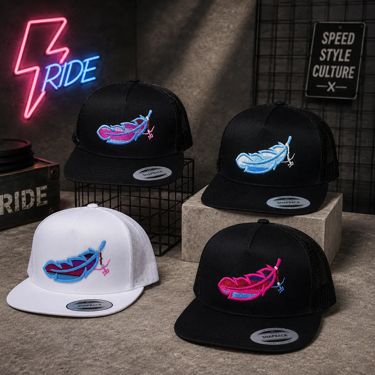 Feathered Outlaw Trucker Hat – Premium Embroidered Snapback Cap with Colorful Feather Design | Adjustable Mesh Back Hat for Men & Women