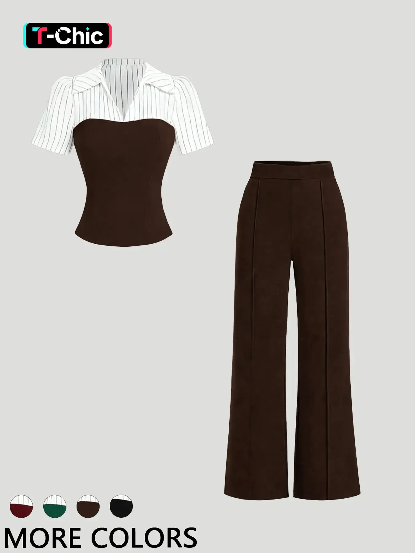 Women's Striped Lapel Slim-Fit Short Sleeve Top and High-Waisted Wide Leg Pants Casual Knit Set, Spring & Fall Fashion