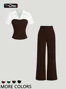 This Two-Piece Set is Powerful Office Lady Vibes  Striped Collar Fitted Top & Wide Leg Pants Set