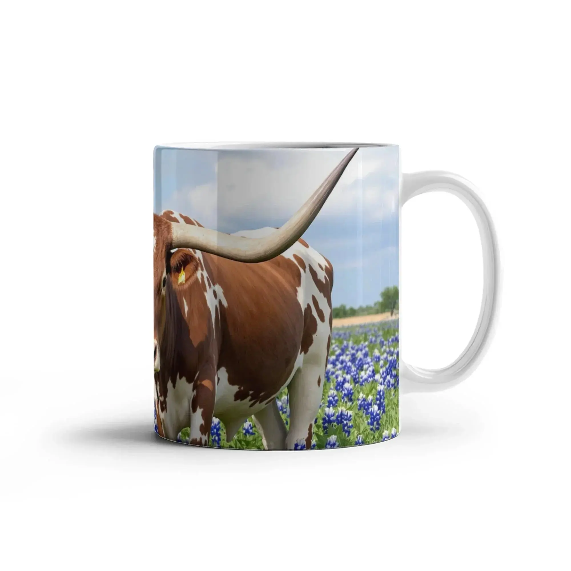 Texas Longhorn in Bluebonnets Ceramic Mug – 11oz & 15oz Coffee Cup for Western & Texas Pride Lovers