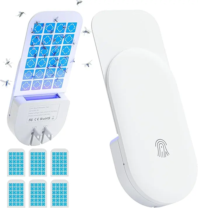 Flying Insect Trap, 2 in 1 Indoor Plug-in Fruit Fly Trap, 1 Trap White and 6 Glue Cards, Fruit Fly Traps for Gnat, Moth, Mosquito, Suitable for Every Part of The Home Cleaner