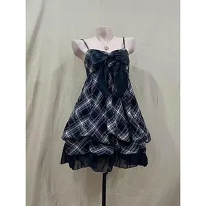 Summer Vintage Plaid Sling Dress Design Casual Chic Bow Sleeveless Loose Dresses Fashion Elegant Off Shoulder Patchwork Outfits
