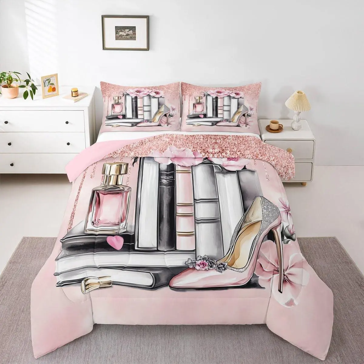 Pink Girly Comforter Set,Glitter Sequins Light Pink Fashion Bedding Set,Women Girls Flower Perfume Quilt High Heels Magazine Books Floral Duvet Insert