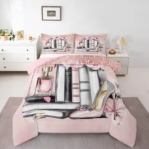 Pink Girly Comforter Set,Glitter Sequins Light Pink Fashion Bedding Set,Women Girls Flower Perfume Quilt High Heels Magazine Books Floral Duvet Insert