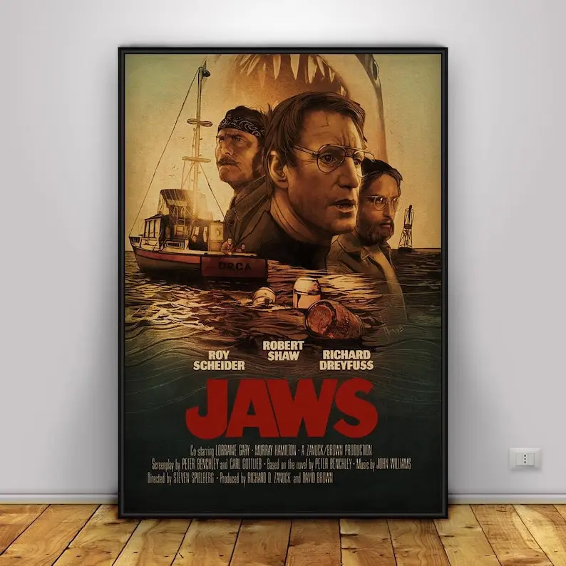 Jaws Movie Wall Art, Chief Brody and Great White Shark Wall Art, Retro 90s Poster, Gift for Her