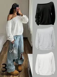 3 Pieces Women's Lazy Style Off-Shoulder Long Sleeve Tops, Four-Season Trendy Basic Solid Color Knitted Sweatshirts, Suitable For Street Style And Casual Home Wear