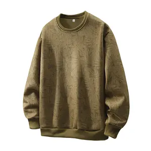 Men's allover jacquard long-sleeve crewneck pullover sweatshirt, comfortable and versatile men's top, suitable for spring wear, featuring an academic style and streetwear aesthetic