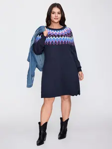 【Summer Turn-Up】Bloomchic Fair-Isle Pattern Round Neck Sweater Dress Midnight Geometric Print Long Raglan Sleeve Bodycon Tunic 100% Acrylic Garment Womenswear 2026 Summer Pick for Mother's Day