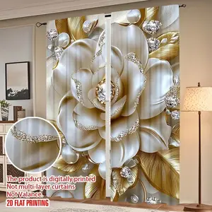 2 Piece Pearl Flower Print Curtains, Fashionable Rod Pocket Window Drapes for Bedroom and Living Room, Comfortable Atmosphere, Easy Installation
