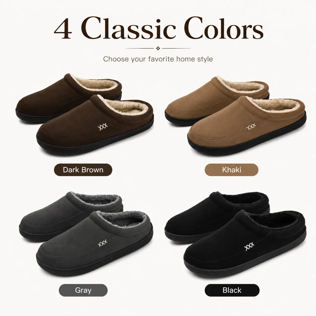Men's Minimalist Black Thick-Lined Anti-Slip Ankle Home Slippers - 1-Step Easy Wear Winter Round Toe Slide Shoes with Braid & Patchwork Decorative Accents Footwear House Slipper Slip On Slippers