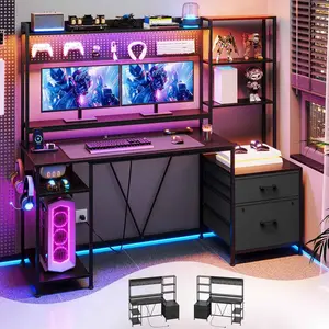 Sikaic 65 Inches Reversible LED Light Gaming Desk Table Furniture with Hutch Power Outlets Monitor Stand 2 Drawers 4 Shelves Pegboard Mouse Pad