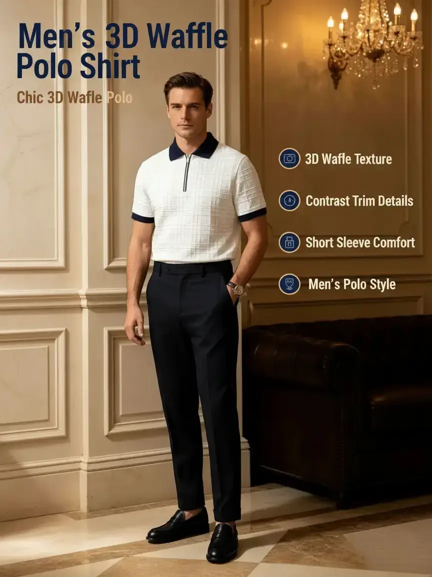 Men’s 3D Waffle Grid Half Zip Polo Shirt Contrast Trim Short Sleeve Top