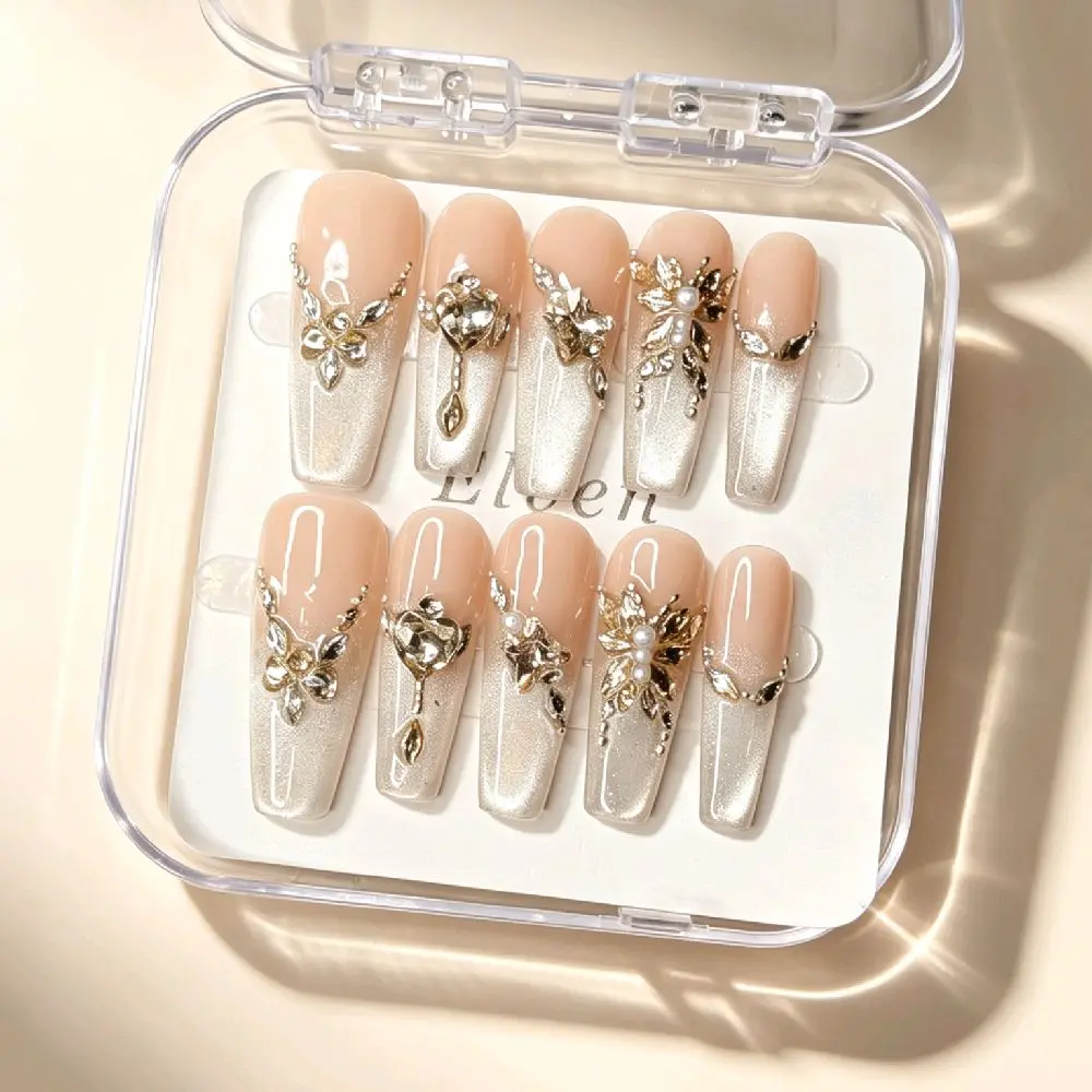Handmade Nude Silver Cat Eye Ombre Press On Nails - Luxury Gold Floral Butterfly & Heart Rhinestone Accents, Long Coffin Reusable Fake Nails, Bridal Salon Quality