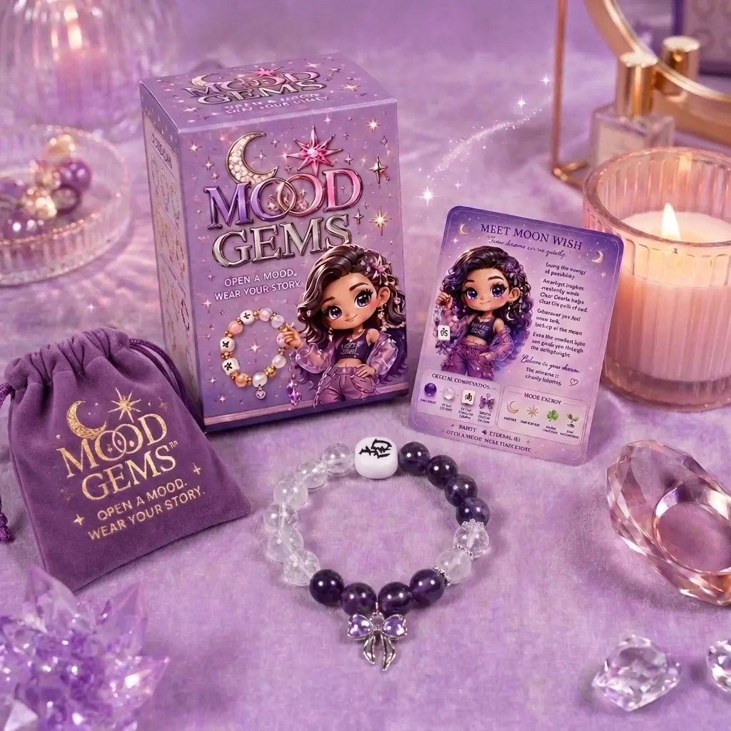 MOOD GEMS E01 Moon Wish | Amethyst Crystal Bracelet with Purple Butterfly Charm | Mystery Jewelry Blind Box Collection