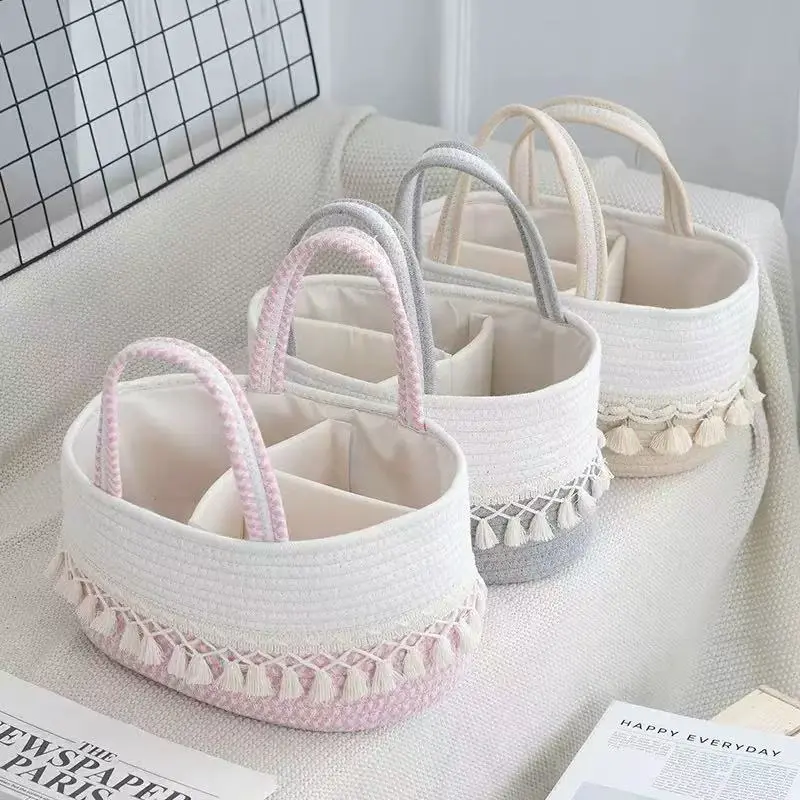 Baby diaper basket, toy storage basket, storage basket with tassels, hand-woven, compartmentalized, detachable, portable
