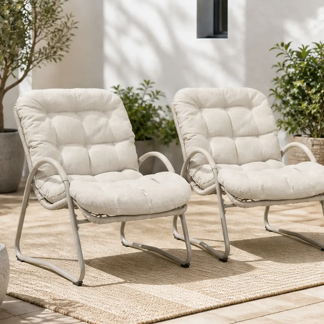 ARCH Set of 2 Outdoor Patio Lounge Chairs with Iron Frame & Weather-Resistant Plastic Wicker, Off White, Ergonomic Curved Armrests High Back for Garden Poolside Deck Relaxation, Rust-Proof Powder-Coated Steel, Off White Color Options