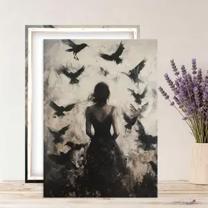 Gothic-style raven canvas art, wooden-framed wall decoration, dark woman with raven, mysterious forest poster, enigmatic raven art, suitable for living room, bedroom, kitchen and office.