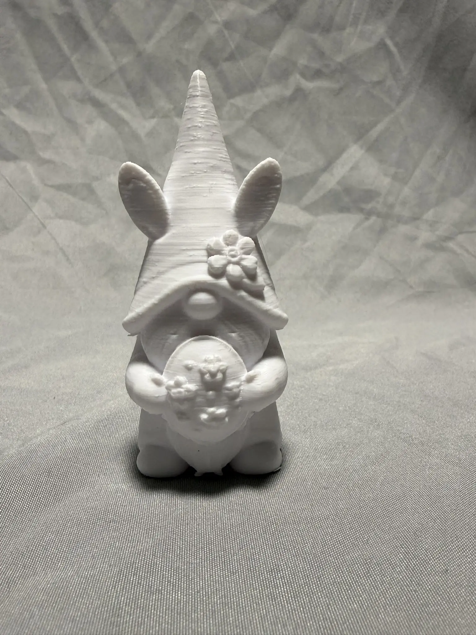 3D Printed White Easter Gnome with Floral Basket and Horned Hat for Festive Decor