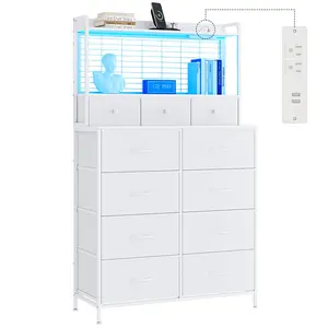 11 Fabric Dressing Designs with LED Lights, Tall Dressers with Charging Station, Open Shelves, Storage Tower with Bins, Chest of Drawers for Bedroom Hallway Closet, White