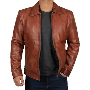 Stylish Biker Brown Leather Jacket For Men - Genuine Leather Lined with Polyester, Shirt Style Collar, Zip Closure, Two Side Pockets, Available in Sizes Small to 4XL