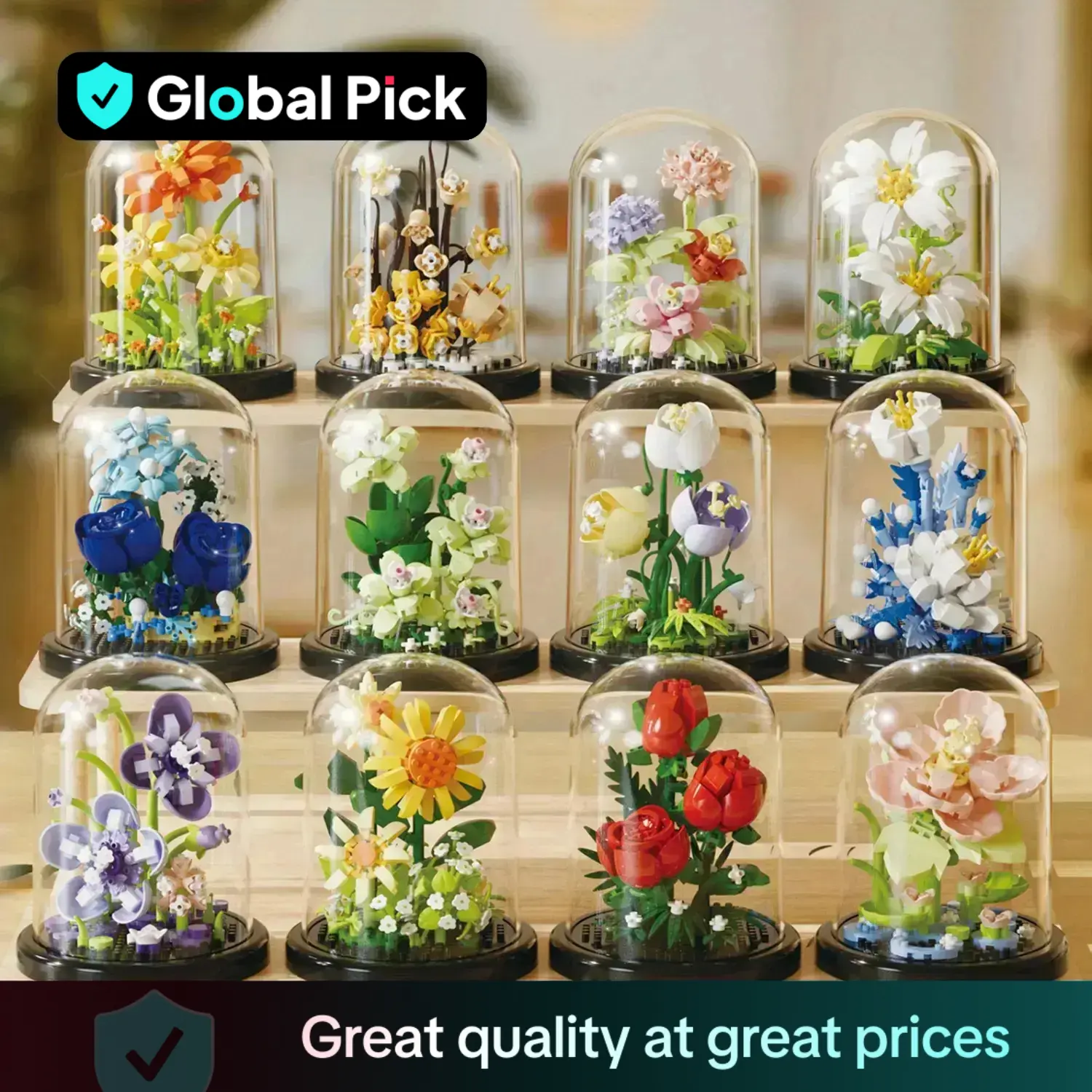 Flower Building Blocks Set, 1 Set 3D Flower Blocks Building Toy with Dust Cover, Home & Office Desktop Ornaments, Perfect Gift for Birthday, Stem Buil