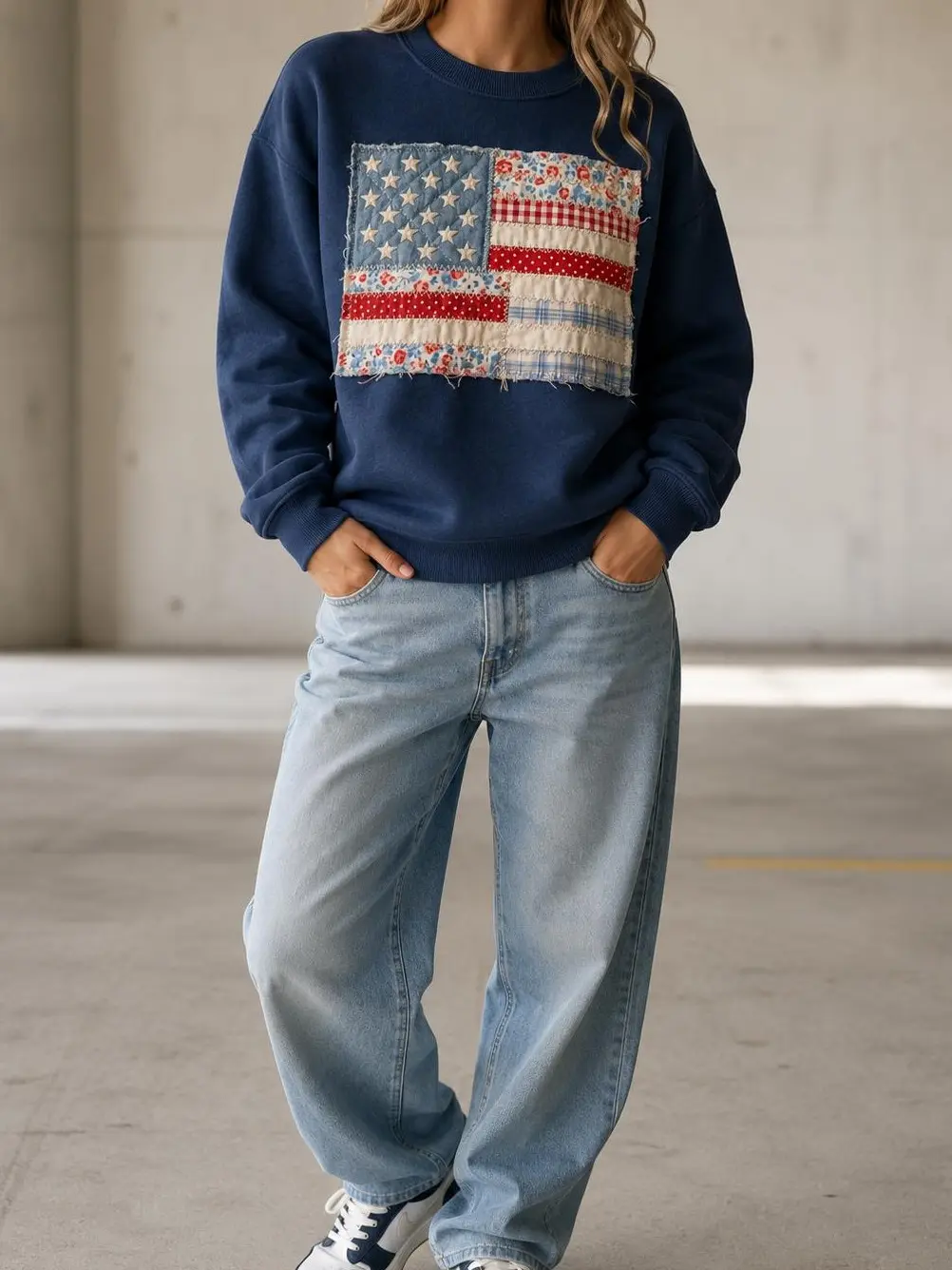 America Applique Patchwork Embroidered Sweatshirt, Patriotic USA Crewneck, Vintage Patchwork 4th of July Shirt, Americana Gift