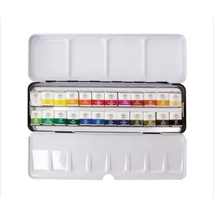 Professional Half Pan Size Water Colors Set in Tin Case with Integral Mixing Palette in Lid 24 Colors