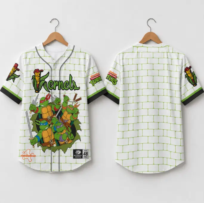 2026 Kernels Ninja Turtles Baseball Jersey, Retro Turtle Fan Button Jersey, Comic Inspired Sports Shirt