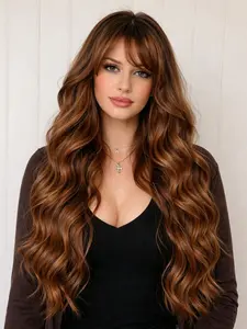 Ombre Copper Brown 28" Wave Wig with Bangs Glueless Machine Made Wig Heat-Resistant Synthetic Hair Soft Natural Waves for Women Daily Wear, Wavy Wigs