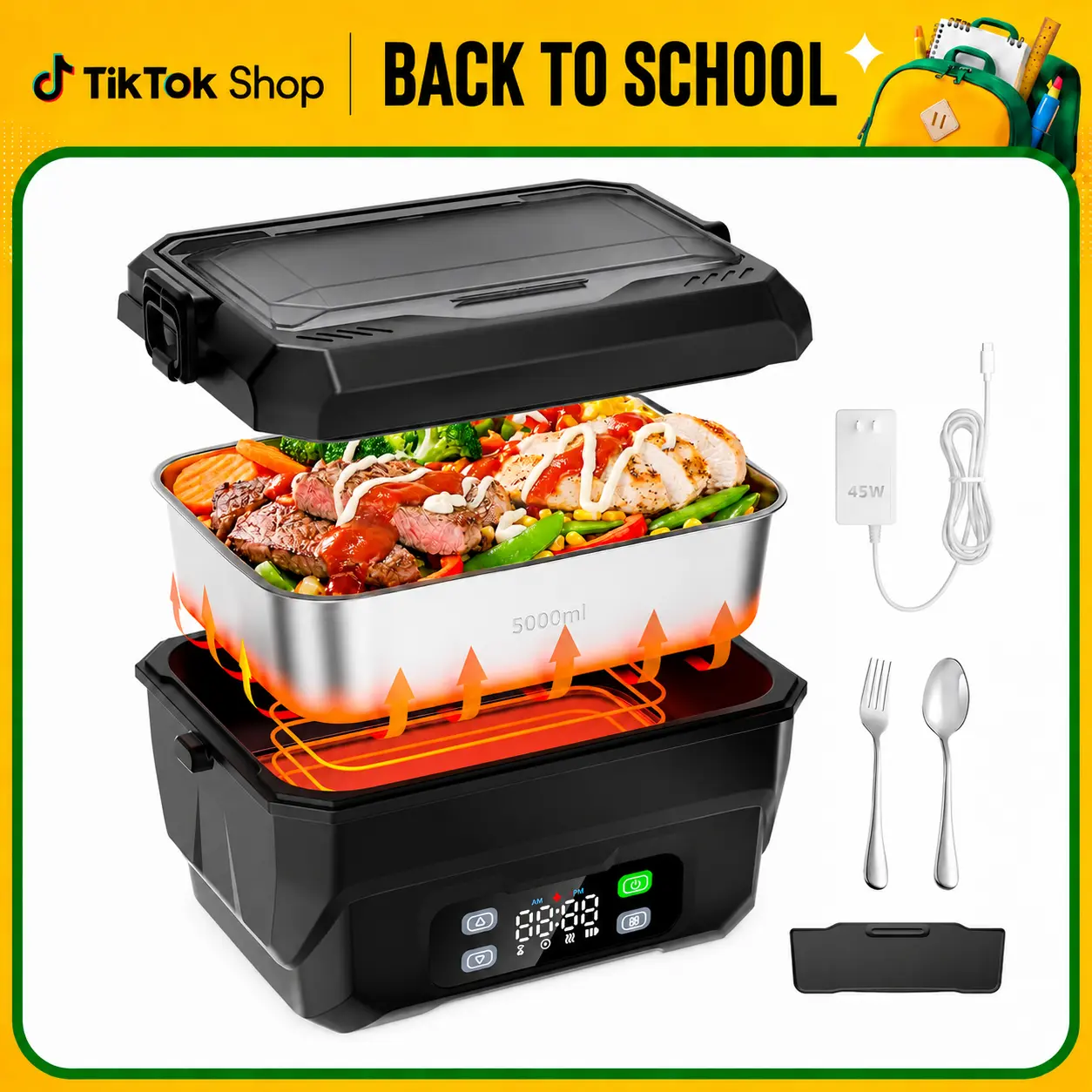 100W Cordless Heated Lunch Box, 45W Fast Charging＆22000mAh Rechargeable Electric Lunch Box for Adults - 6.5 Cups Portable Food Warmer with 24H Scheduled Heating, for Work, Office, Outdoor(Black) #Summervibes #TikTokShopDealsforYouDays