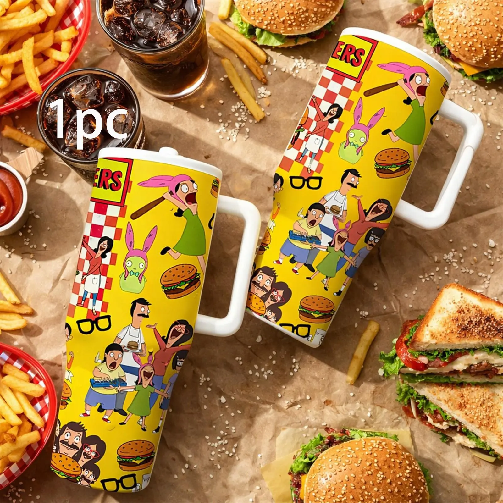1 Pc 40 oz Burger Cartoon Vacuum Insulated Tumbler with Handle and Lid, Travel Thermal Cup, Double-Wall Stainless Steel Leak-Proof Travel Mug, Gift for Burger Fans, Home and Office Daily Use, Drinkware