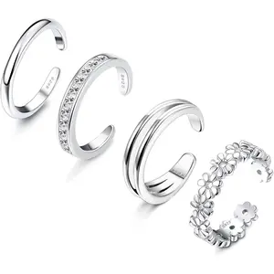 FIASASO 4 Count 925 Sterling Silver Toe Rings for Women Open Adjustable Band Rings Jewelry Set