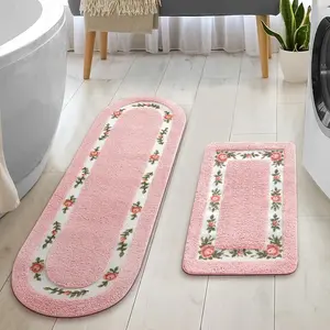 2 count Rose  Bathroom Rugs Set  Room Decor Floral Rugs for Bathroom Bedroom Living Room,Non Skid Absorbent Romantic Rose Flower Area Rugs 2 Shapes(Pink,Large)