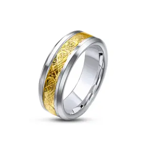 Tungsten 2 Tone Gold Scroll Ring, 8mm Ring Band, Dragon pattern, Good Luck Ring