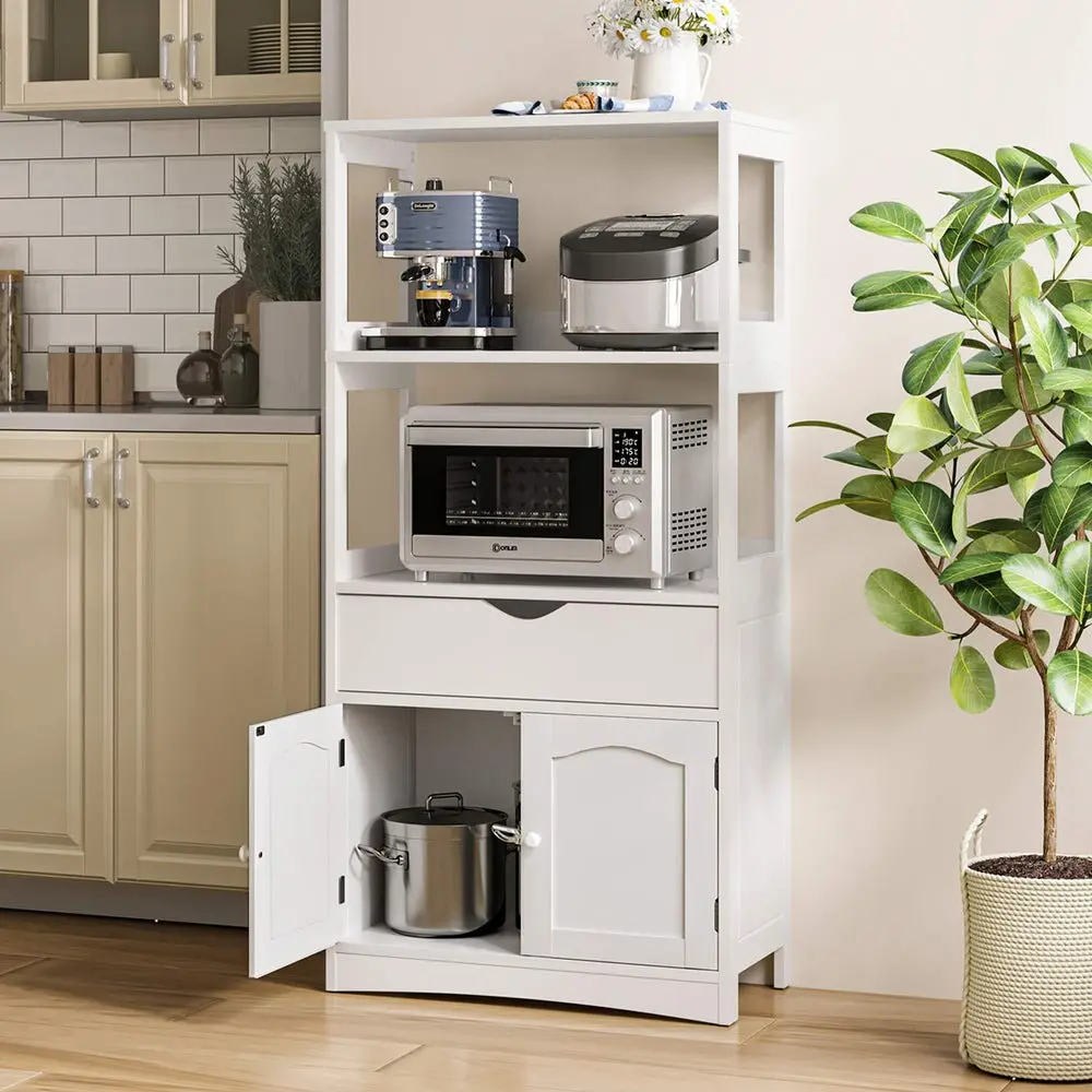 Sikaic White Kitchen Pantry Cabinet with Microwave Stand, Freestanding Storage Cabinet with 2 Doors, Drawer and Shelves