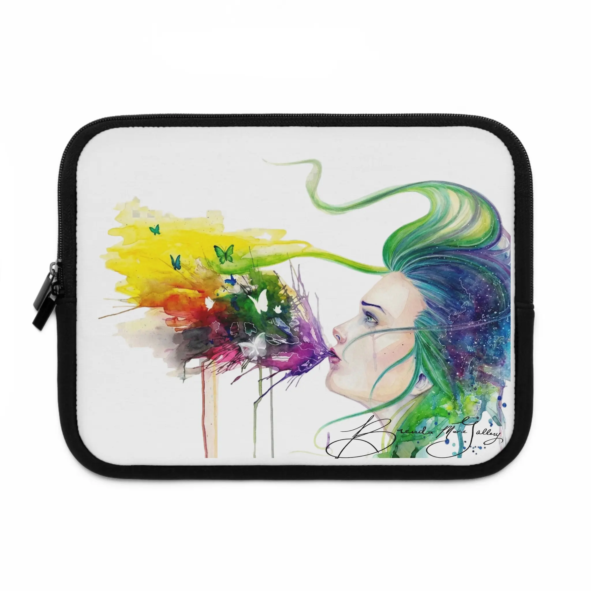 Watercolor Portrait Laptop Sleeve - Synthetic Fabric, Artistic Customizable Front Print, Lightweight, Dual Zips, Foam Padding, Multi-Size, Black-10, All-Ages Compatible, Device-Protecting Minimal-Decor Laptop Cover