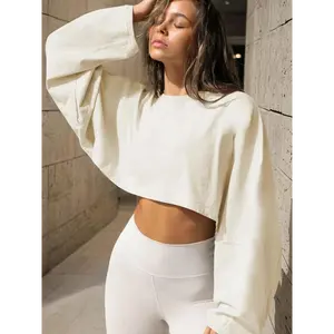 Women's clothing Plain Batwing Sleeve Crop Sweatshirt, Street Casual Drop Shoulder Round Neck Pullover for Fall, Ladies Clothes Daily Wear, Going Out Tops Piece Fit Hoodie Chic Loose Womenswear Cropped Everyday Beige Comfort Basic Crewneck