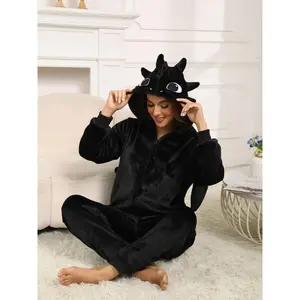 Women’s Halloween party costume, cute dragon flannel pajamas, warm for fall and winter, slim-fit one-piece sleepwear