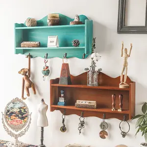 Country Style Solid Wood Storage Rack with Metal Hooks, Classic Floating Shelf for Home Organization, Wall Mounted Display Stand, Wooden Wall Shelf Unit, Wall Mount Design
