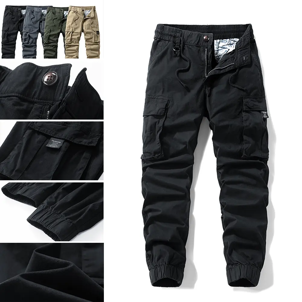 100% cotton tactical cargo pants with multiple pockets, drawstring elastic waistband, fabric tag decoration—functional jogger pants for everyday commuting.