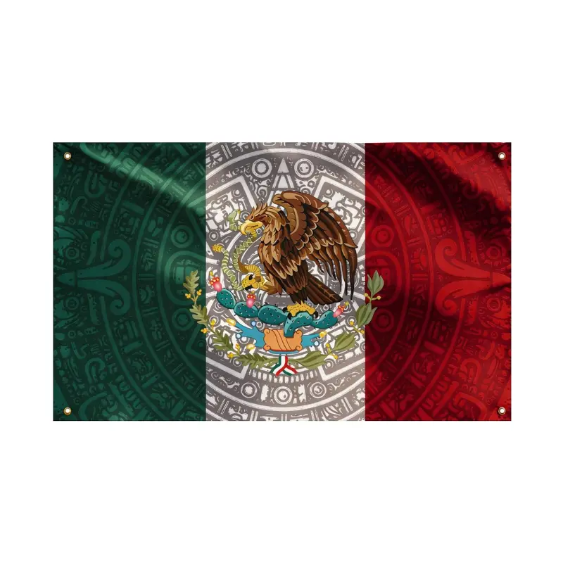 3x5 FT Aztec Mexico Flag - Bandera Mexicana Azteca, 100D Double Print with 4 Brass Grommets & 2 Free Hooks for Cinco de Mayo, Independence Day Celebrations