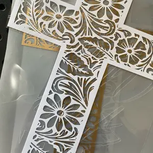 Cross with a flowered tooled leather design vinyl decal for car or truck