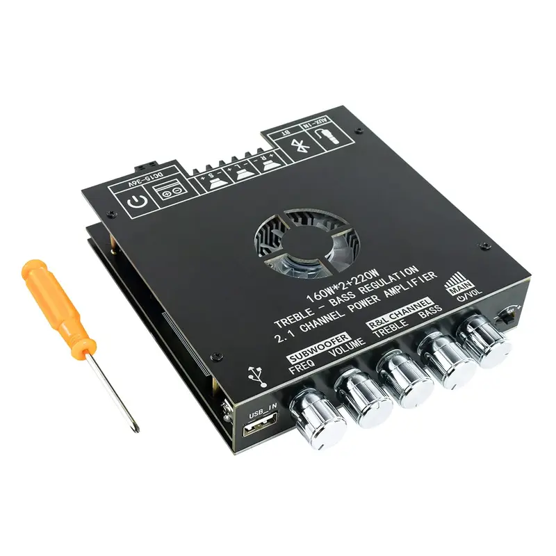2.1 Channel Bluetooth Stereo Subwoofer Amplifier Board - PA Speaker Amplifier, Board Mount, DC Power, 160W×2+220W Output, 3in1 Audio Input (USB,AUX,Bluetooth), Treble/Bass Control, Comprehensive Protection, Compatible with Various Speakers, for DIY Use